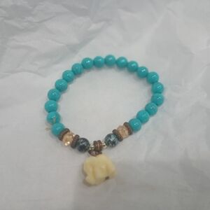 Turquoise Looking and Cream Beaded Bracelet with Elephant Charm, 2 Bracelets